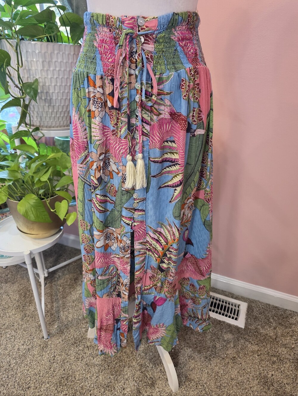 Rachel Rachel Roy Tropical Maxi Skirt Size S Boho Button Front Tassel